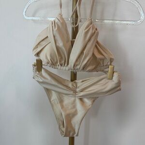 Ruched Triangle Bikini Set in Beige - Women's Swimwear